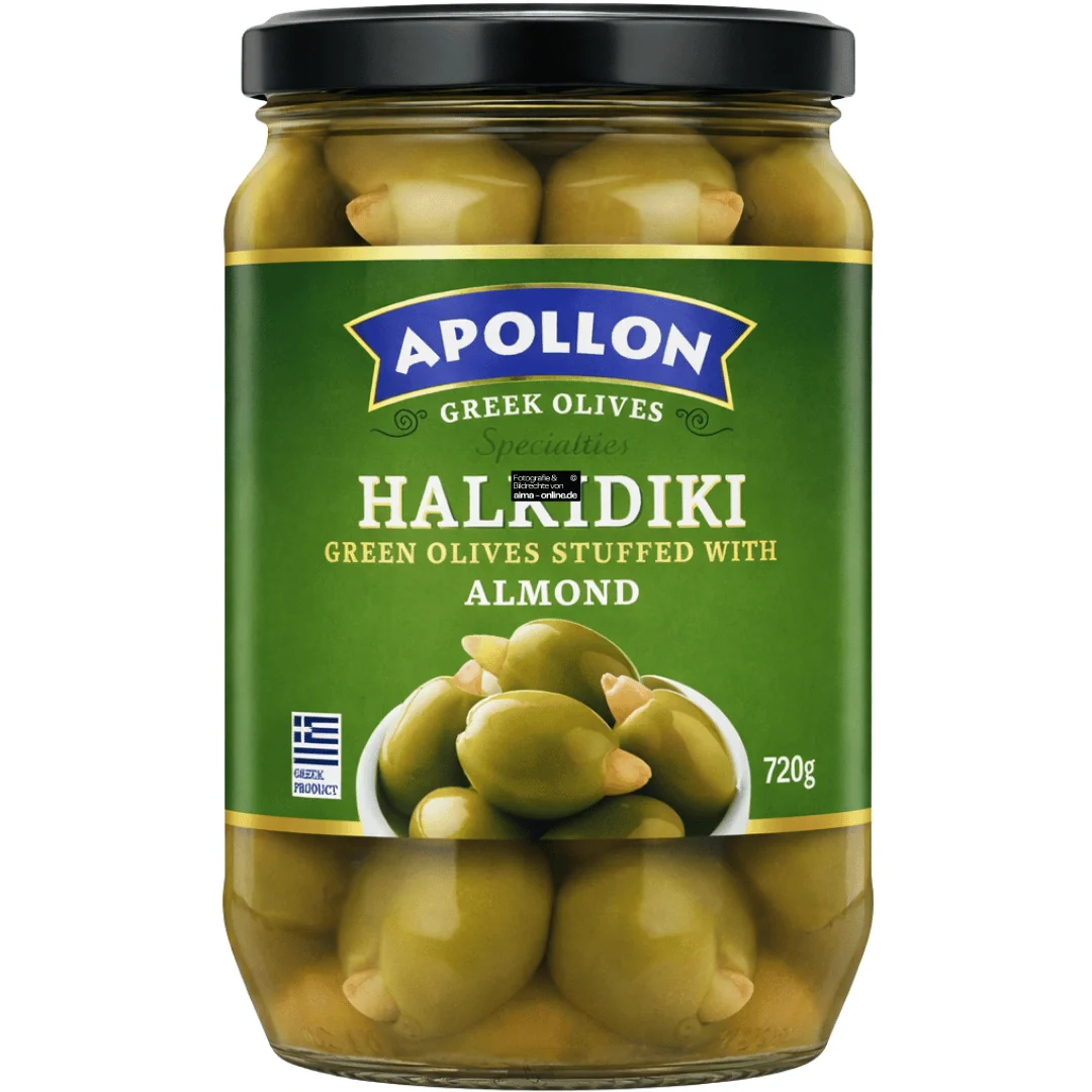 Apollon – Halkidiki Bademli Yeşil Zeytin, Grüne Oliven mit Mandeln 720g
