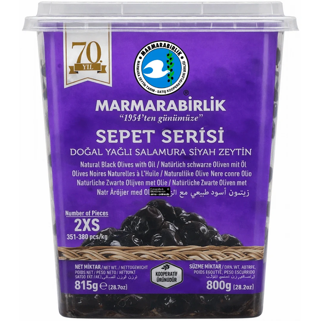 Marmarabirlik – Kuru Sele Yağlı Salamura Siyah Zeytin, schwarze Oliven mit öl 800g (Mor / Violett)