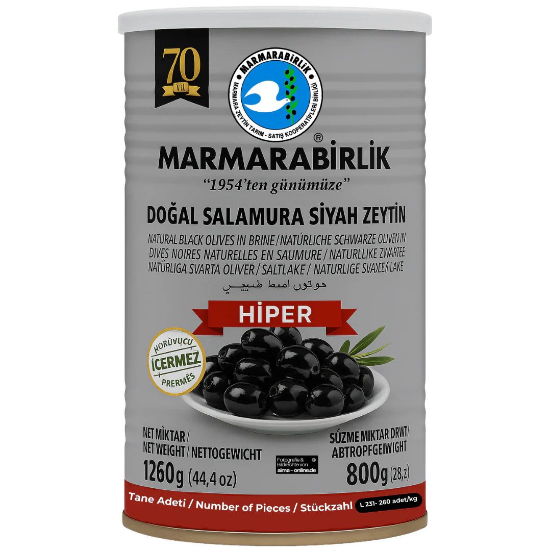 Marmarabirlik - Hiper Natürliche Schwarze Oliven in Salzlake, Dogal Salamura Siyah Zeytin 1260g