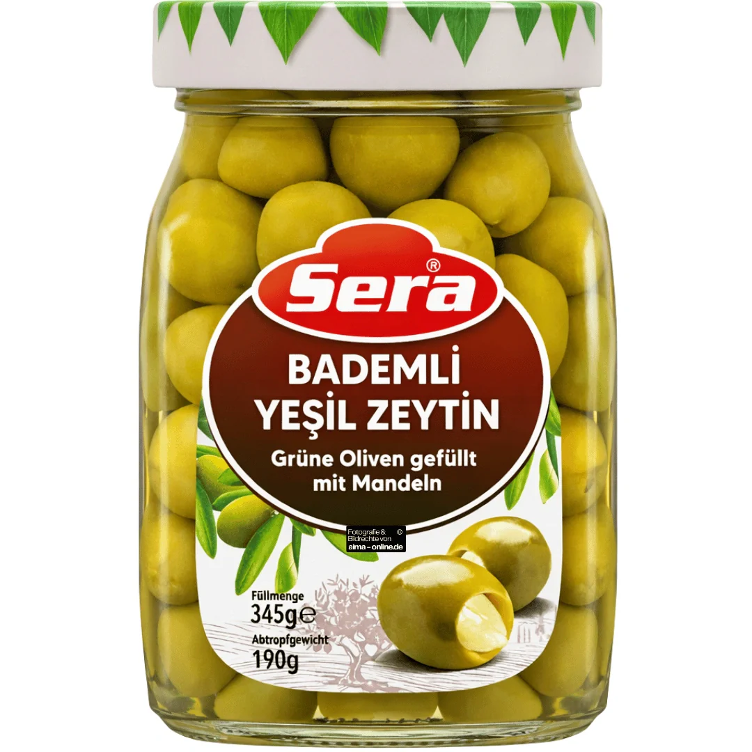 Sera - Bademli Yeşil Zeytin, Grüne Oliven gefüllt mit Mandeln 345g